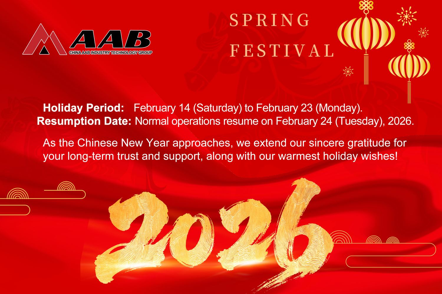 China AAB Spring Festival Holiday Notice China AAB Spring Festival Holiday Notice